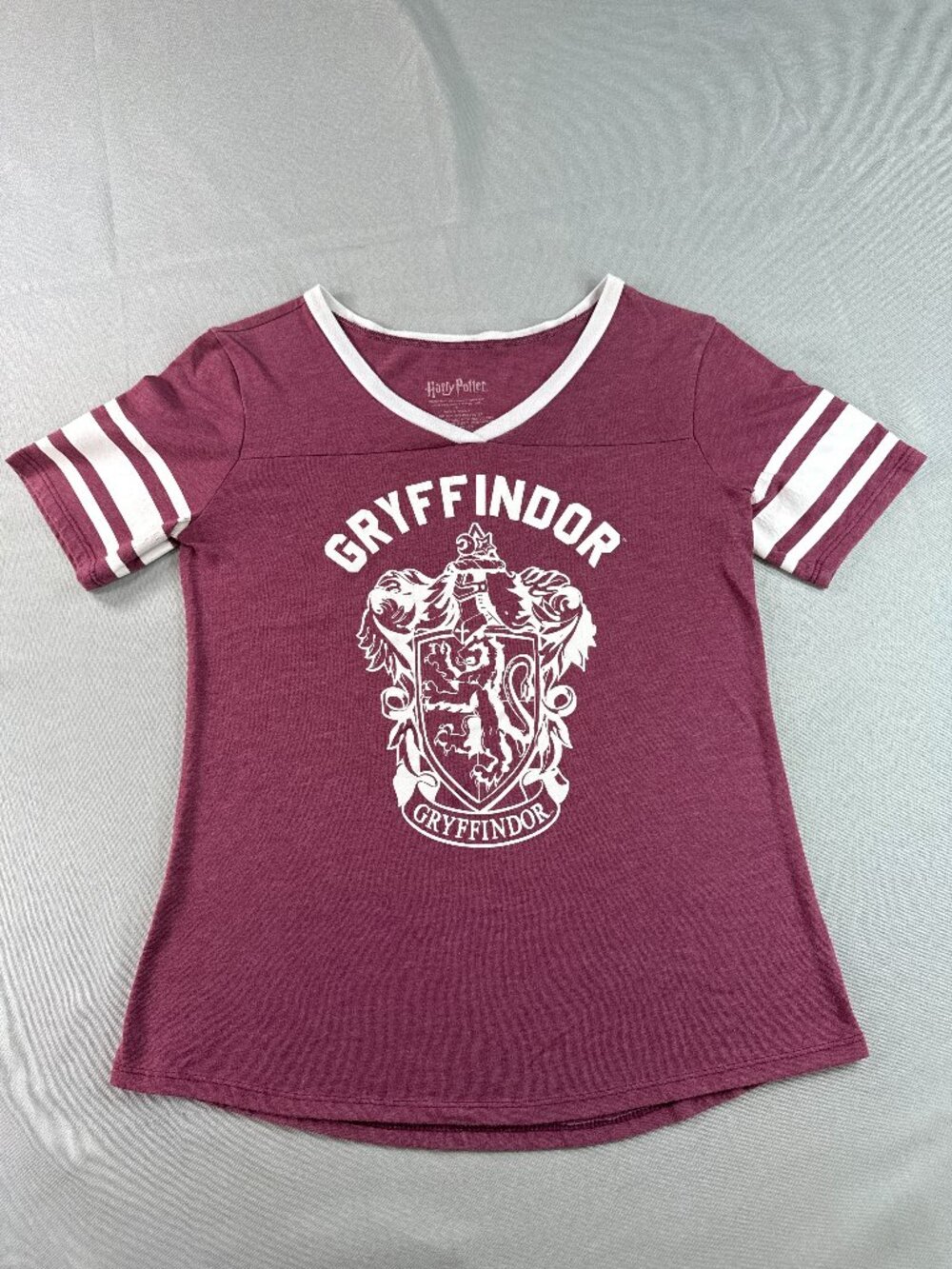 Harry Potter Gryffindor Womens Small Burgundy Varsity V Neck Graphic Tee Shirt